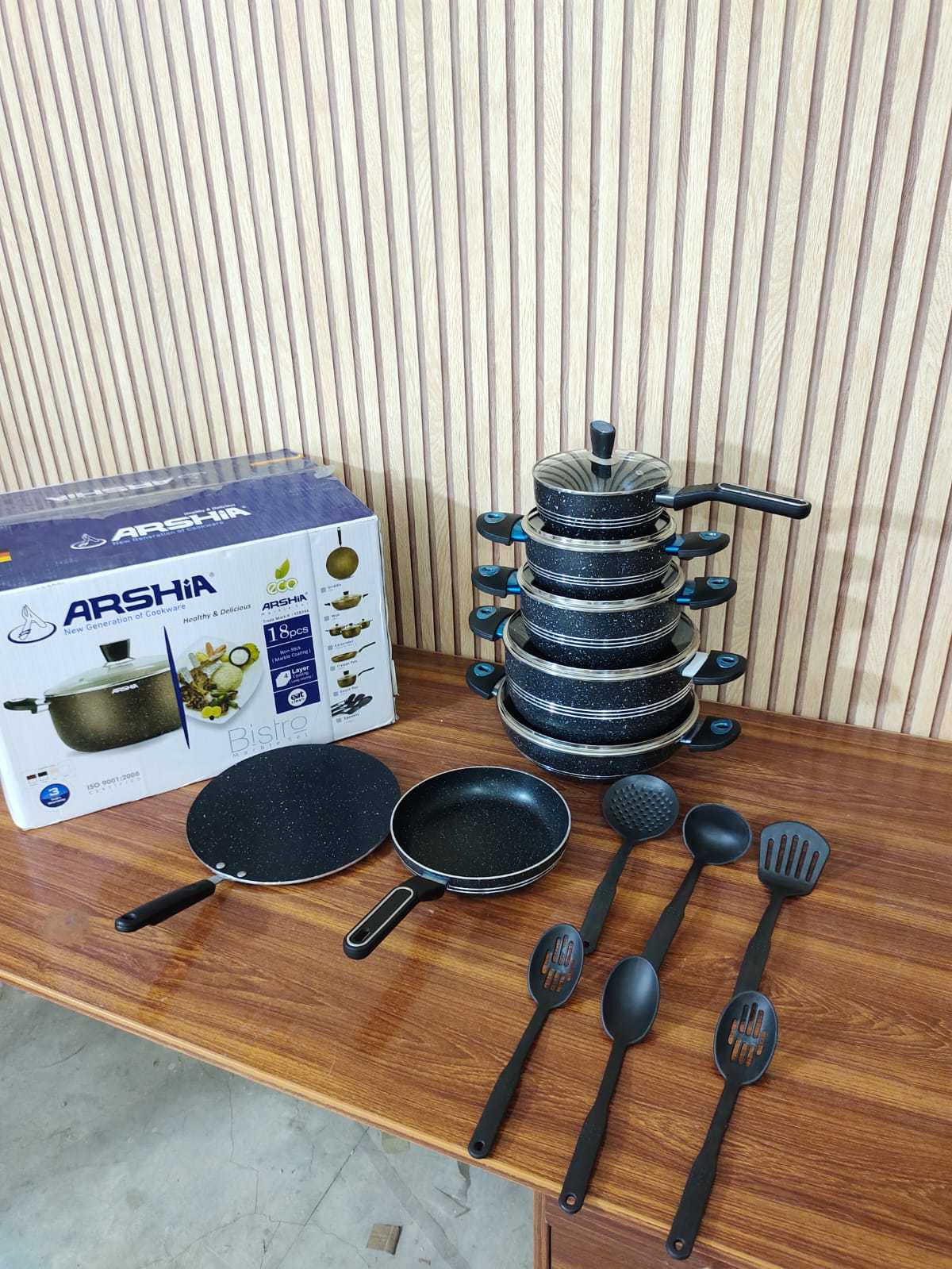 Arshia 18 pcs Marble Coated Non Stick Cookware Set